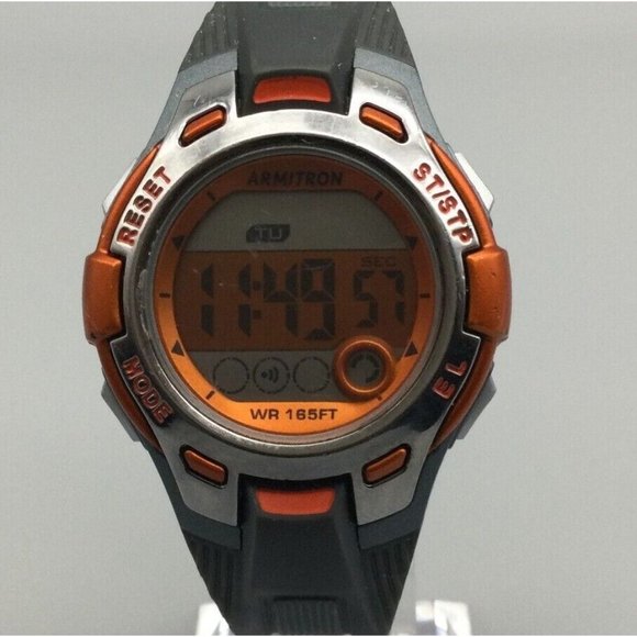 Armitron Pro Sports Watch Men Silver Tone Gray Orange Day Date Timer 50M - Picture 1 of 11